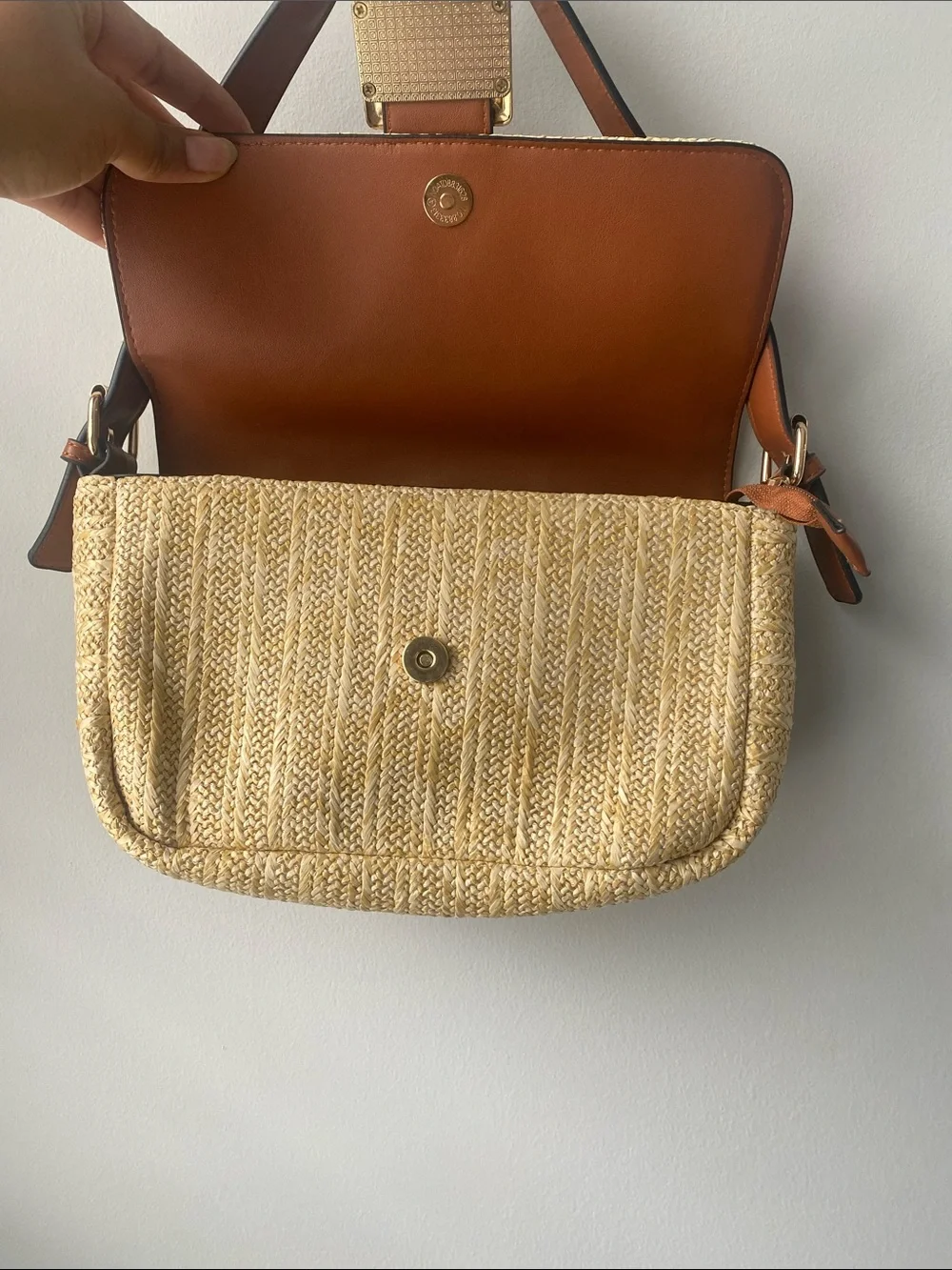 Woven Straw Shoulder Bag with Brown Leather Trim - Picture 6 of 10